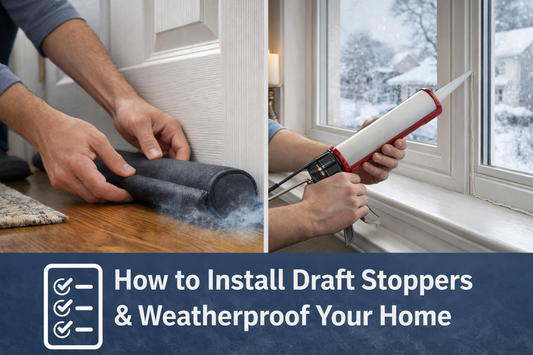 A split-view thumbnail showing a draft stopper installed under a door and window sealing with caulk, illustrating how to weatherproof a home efficiently.