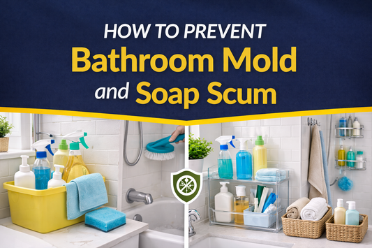 Horizontal thumbnail showing an organized bathroom with folded towels, cleaning sprays on shelves, and a scrub brush, representing mold and soap scum prevention tips