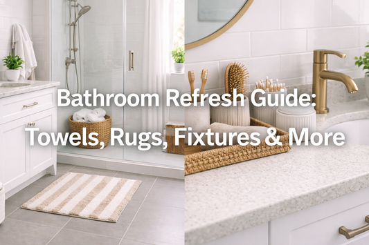 Modern bathroom interior featuring fresh towels, a striped bath rug, and coordinated fixtures on a clean vanity, representing a complete bathroom refresh guide
