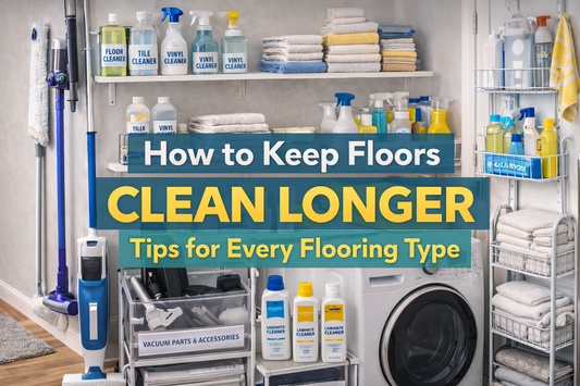 Horizontal thumbnail showing hardwood, tile, laminate, and carpet floors in a bright home interior with broom, mop, vacuum, and cleaning supplies neatly arranged, representing floor cleaning tips