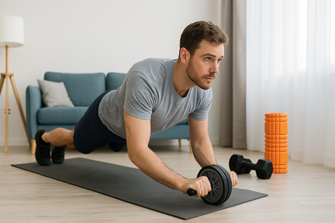 Beginner performing full body workout at home with ab roller and fitness gear | PrimeVita