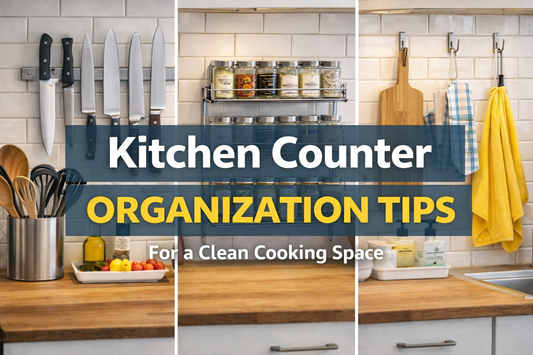 Horizontal thumbnail showing a bright kitchen countertop with neatly arranged utensils, spice jars, cutting boards, folded towels, and small containers, representing clean and organized cooking space