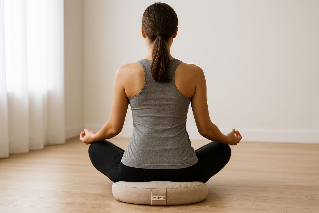 PrimeVita meditation cushion thumbnail — woman meditating cross-legged on a beige cushion in a bright minimalist room with natural sunlight and calm atmosphere