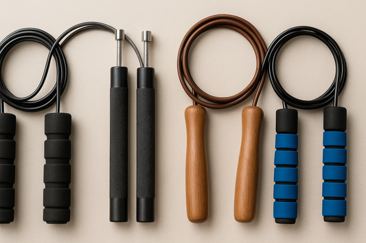 Wide banner image displaying four types of jump ropes with foam, metal, and wooden handles — representing PrimeVita’s fitness accessories for home cardio workouts and beginner jump training.