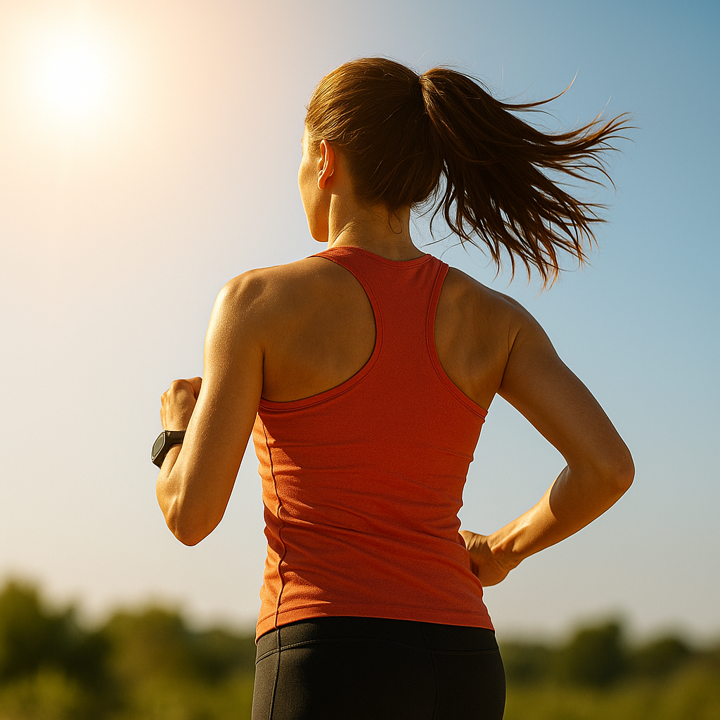 PrimeVita athlete running under bright sunlight wearing sport gear, showcasing sweatproof sport sunscreen concept for active lifestyle and outdoor fitness