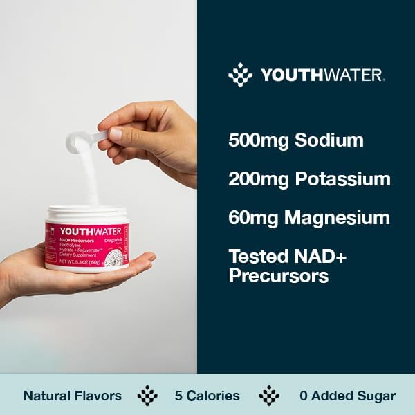 NAD+ Electrolyte Powder - Dragonfruit Flavor - Cellular Hydration & Healthy Aging Support - Only 5 Calories, No Added Sugar, Non-GMO - Essential Electrolytes & Vitamins - 30 Servings