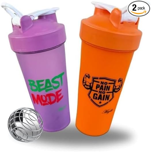Blender Shaker Bottles for Protein, 28oz Portable Leakproof Pre-Workout Nutrition Water Bottle, BPA-Free Gym Protein Shaker for Sports & Outdoor Motivational Protein Shaker (Orange/Purple)