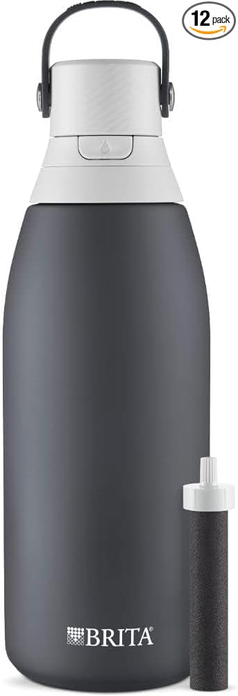 Brita Stainless Steel Premium Filtering Water Bottle, BPA-Free, Reusable, Insulated, Replaces 300 Plastic Water Bottles, Filter Lasts 2 Months or 40 Gallons, Includes 1 Filter, Carbon - 32 oz.