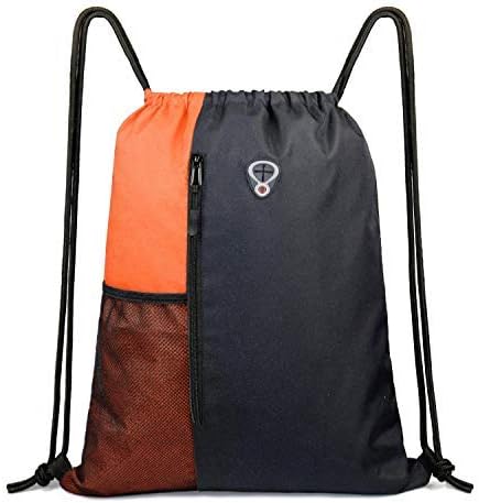 BeeGreen Oranage Drawstring Backpack Bag With Water Bottle Pocket &Front Zippered Pocket Sport Gym String Backpack Sackpack For Men Women