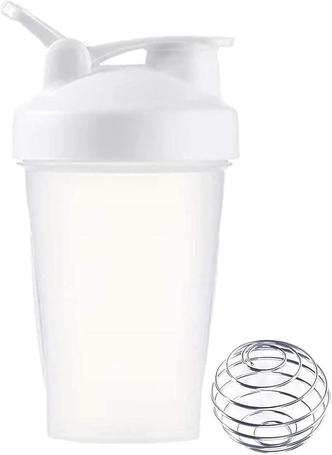 Blender Shaker Bottle w. Classic Loop Top & Stainless Whisk Ball-Perfect for Protein Shakes and Pre Workout (Clear Body-16 Oz, White/Clear)