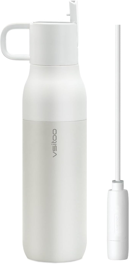 VSITOO 25oz Insulated Water Bottle With Filter for Travel ，316 Stainless Steel, BPA-Free,Reusable，Replaces 300 Plastic Water Bottles, Improves Taste, for Hiking, Cycling, Gym & Outdoor Use, White