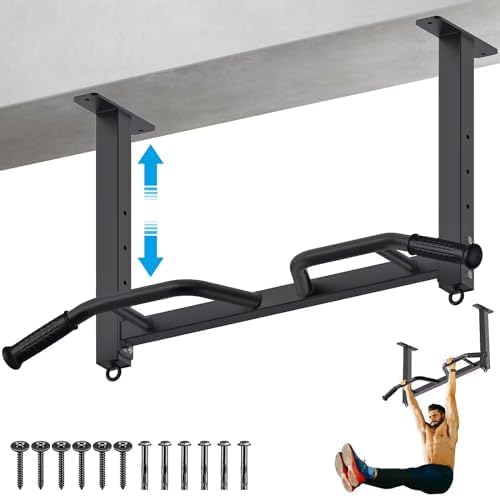 Kipika 32" Ceiling Mounted Pull Up Bar - Heavy Duty, Highly Adjustable, Multifunctional Chin Up Bar - Home Gym System with Punching Bag Hanger and Resistance Bands Training