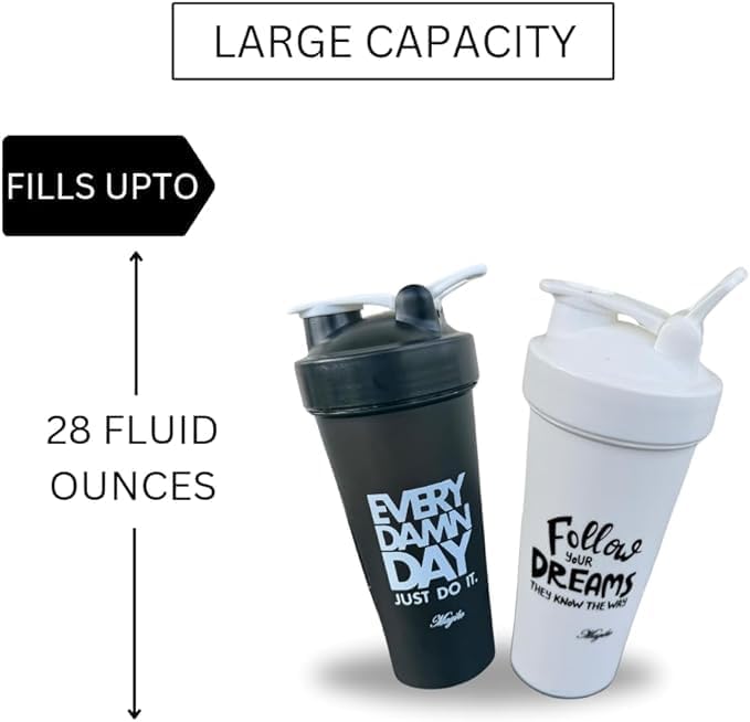 Magiko Blender Shaker Bottles for Protein, 28oz Portable Leakproof Pre-Workout Nutrition Water Bottle, BPA-Free Gym Protein Shaker for Sports & Outdoor Motivational Protein Shaker (Two Black)