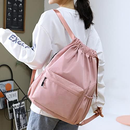 HOLYLUCK Drawstring Backpack Sports Gym Bag Water Resistant String Bag Cinch Sackpack with Side Zipper Pocket for Shopping Sport Yoga -pink