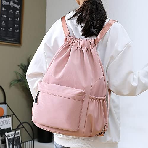 HOLYLUCK Drawstring Backpack Sports Gym Bag Water Resistant String Bag Cinch Sackpack with Side Zipper Pocket for Shopping Sport Yoga -pink
