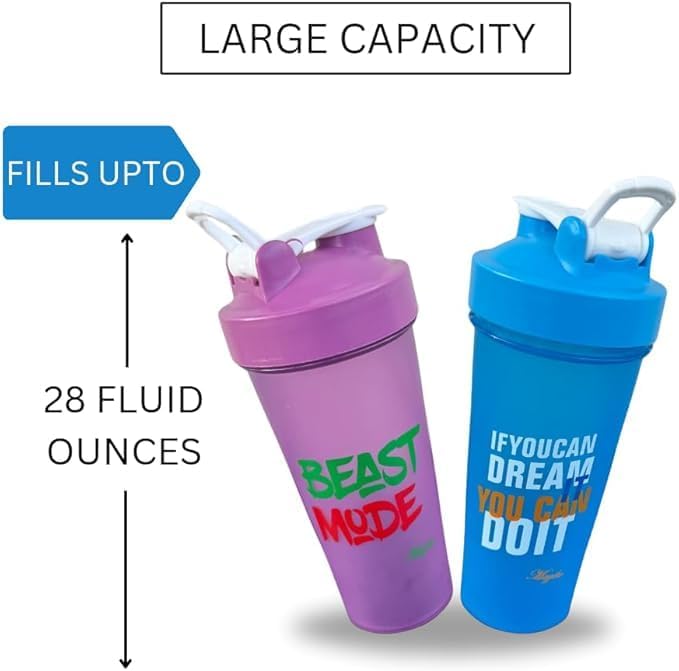 Blender Shaker Bottles for Protein, 28oz Portable Leakproof Pre-Workout Nutrition Water Bottle, BPA-Free Gym Protein Shaker for Sports & Outdoor Motivational Protein Shaker (Blue/Purple)