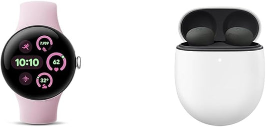 Google Bundle - Pixel Watch 3 (Polished Silver Aluminum Case - Rose Quartz Band - 41mm LTE) & Pixel Buds Pro 2 Earbuds (Hazel)