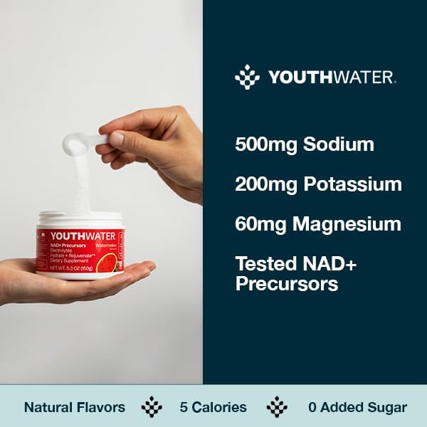 NAD+ Electrolyte Powder - Watermelon Flavor - Cellular Hydration & Healthy Aging Support - Only 5 Calories, No Added Sugar, Non-GMO - Essential Natural Electrolytes & Vitamins - 30 Servings
