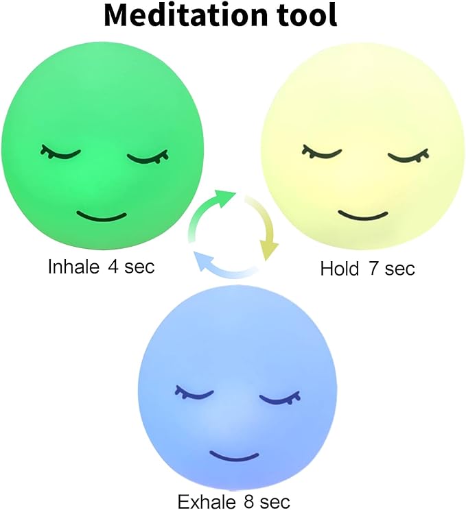 Breathing lamp Guided Visual Meditation Tool for Mindfulness, Slow Your Breathing & Calm Your Mind for Stress & Anxiety Relief, 3 Color and 478 Seconds Breathing Mode Silicone Cute Smiley face lamp