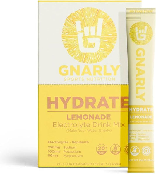 Gnarly Nutrition Hydrate Electrolyte Powder – Lemonade Exercise Hydration Drink Mix – NSF Contents Certified – Electrolyte Solution, Performance & Recovery – Lemonade, Box of 20 Stick Pack