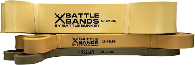 Battle Bunker Premium Resistance Bands - Natural Exercise Bands for Strength Training, Pull-Ups & Recovery - Fitness Band for Home, Gym & Mobility Workouts- Crush Your Goals Anytime- 3-Pack- 10-125lbs