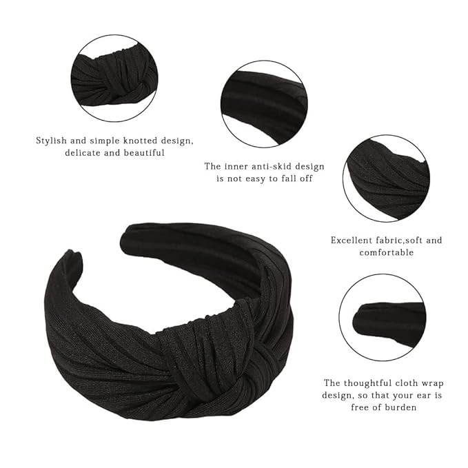 Madison Tyler Headbands for Women | Fashion Boho Headbands Top Knotted With Rhinestones Elastic Workout Hairbands | Outdoor and Party Headbands for Women Non Slip. (Black)