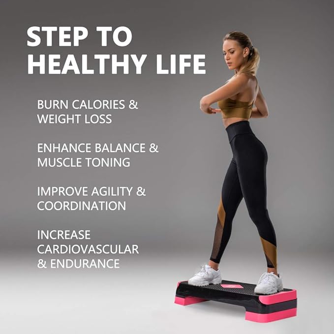 Adjustable Workout Aerobic Stepper, Aerobic Exercise Step Platform with 2 Risers, Exercise Step Deck for Fitness, 26.5" Trainer Stepper with Non-Slip Surface Home Gym & Extra Risers Options