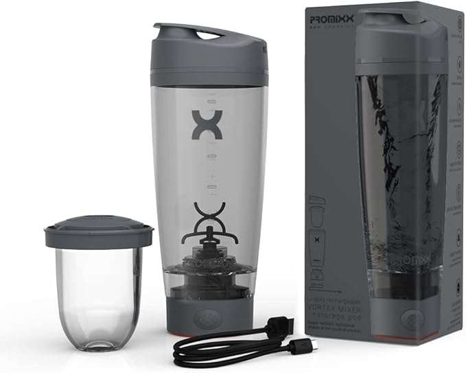 Promixx PRO Shaker Bottle New Edition – Rechargeable, Powerful for Smooth Protein Shakes – includes Supplement Storage, BPA Free, 20oz Cup, Graphite Gray