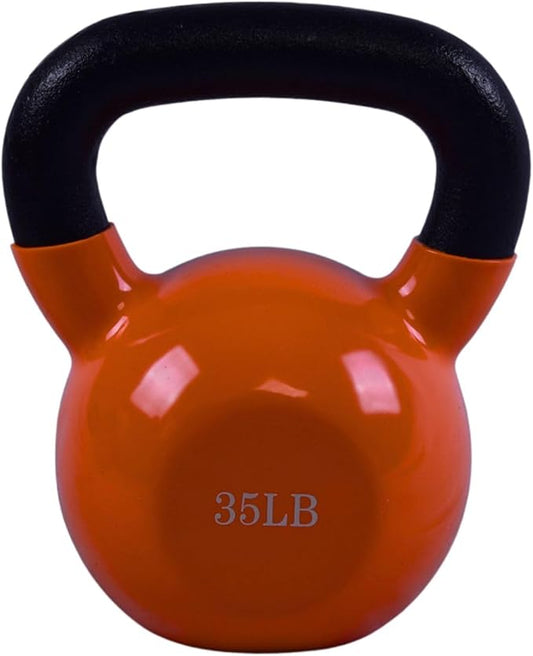 BESEA Orange Vinyl Coated Kettlebell 20~45LBS, Wide Grip Handle, Stable Flat Base, Strength Training, Durable kettle bells