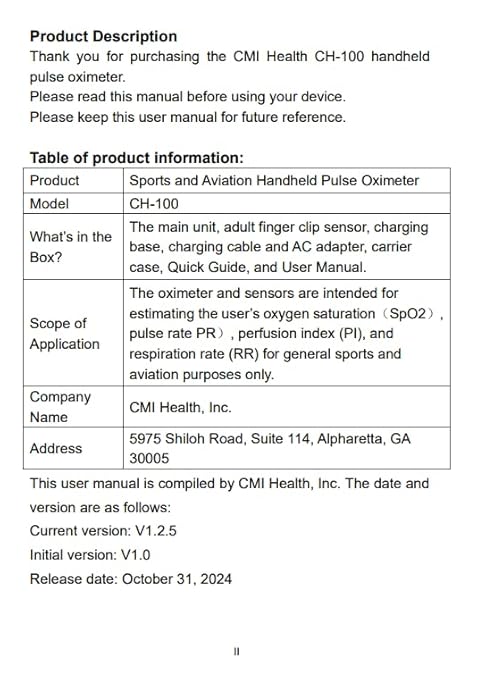CMI Health CH-100 Handheld Pulse Oximeter - Measures Oxygen Level, Pulse Rate & Respiration Rate - Adjustable Audio & Visual Alarm - 1440 Hours of Continuous Data Storage