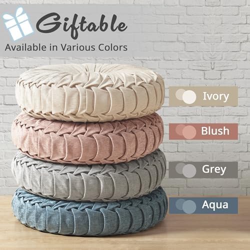 Intelligent Design Loretta Round Chenille Tufted Floor Pillow with Elegant Pleated Design, Large Boho & Vintage Decorative Throw Pillow for Sofa, Bed, or Chair, 22" x 6", Grey