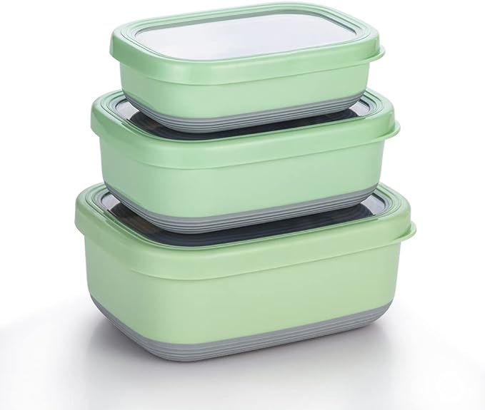 Lille Home Leak Proof Salad Container Stainless for Lunch - Snack Containers Steel - Ideal for Educational Settings & Daycare - Nesting Trio with Silicone Lids - 47oz+30oz+16oz - Blue