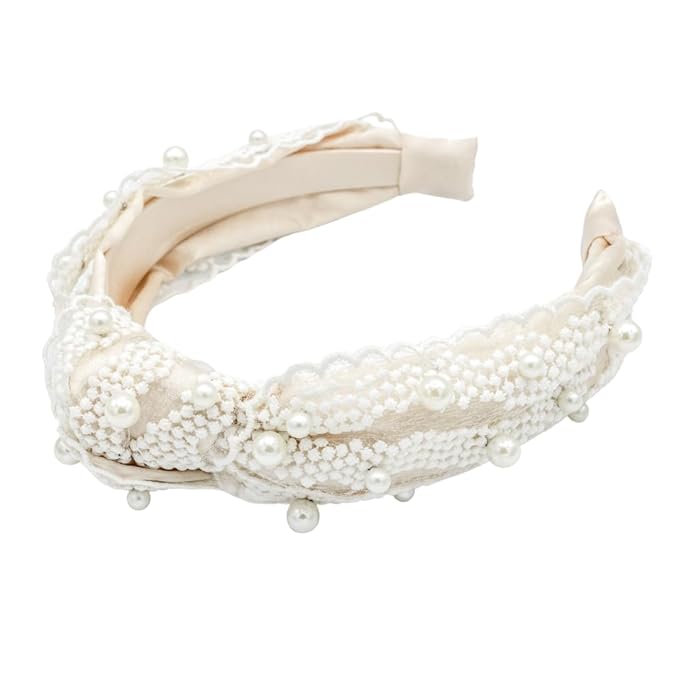 Knotted Headband for Women (Beige with Pearls), Wide Knotted Headband, Beige with Lace Trim and Small Pearls