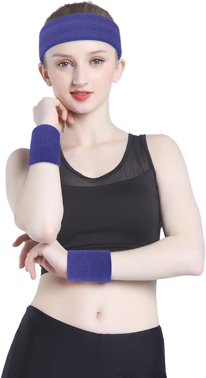 ONUPGO 6 Pieces Sweatbands Set - Sports Headbands Wristbands for Men & Women,Cotton Terry Cloth Sweatband for Tennis,Basketball,Gym,Working Out - Moisture Wicking Elasticity