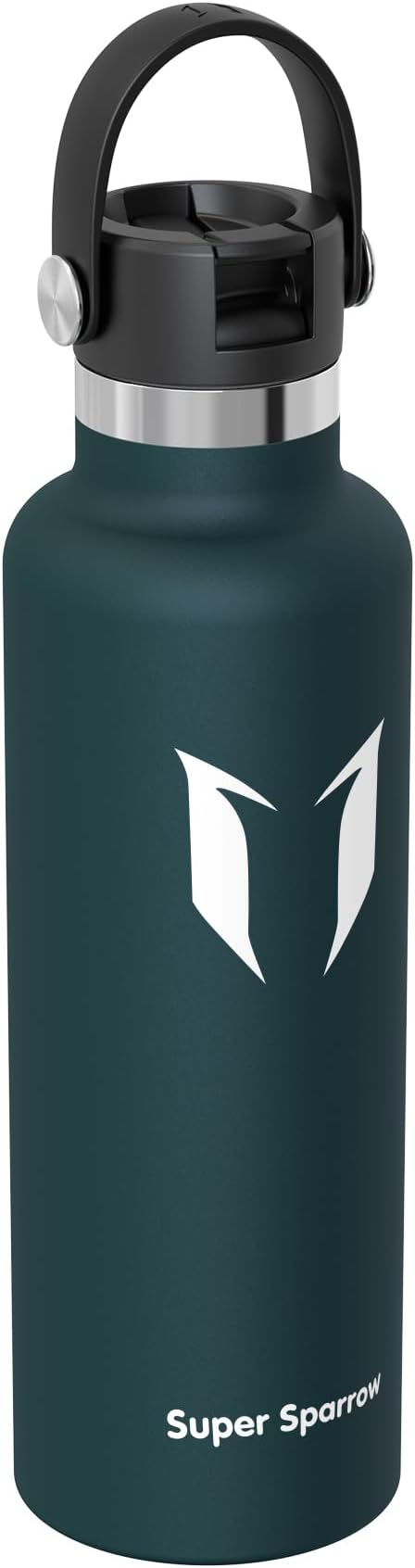 Super Sparrow Insulated Water Bottle - 17 Oz / 25 Oz / 32 Oz - Standard Mouth FlipFlow Flask - BPA Free, Leak Proof Drink Bottle- Ergonomic Straw Water Bottles for Work, Gym, Travel, Sports