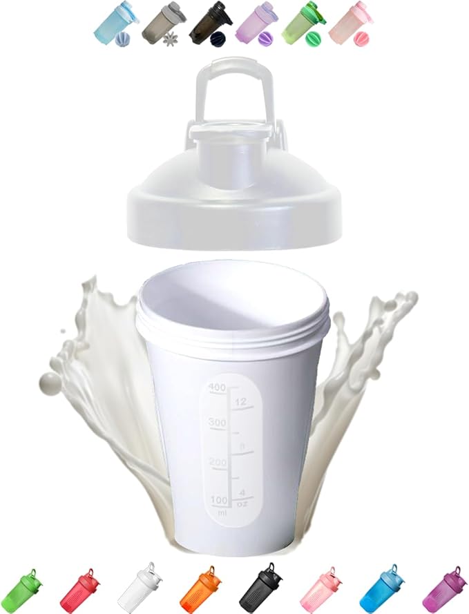 Protein Shaker Bottle w. Classic Loop Top & Stainless Whisk Ball-Protein Shaker Bottle Leak Proof Class Portable Gym Shaker Water Bottle w. Measurement Line BPA Free Plastic Sports Mixer-(16 oz,White)