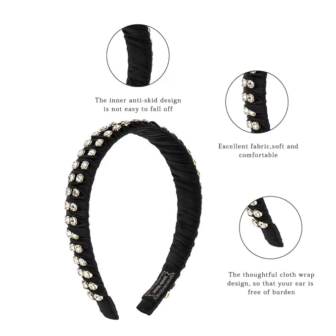 Madison Tyler Rhinestone Headbands for Women | Black Handmade Outdoor Jeweled Hair Band for Girls | Thin Hair and Thick Hair | Skincare and Boho Spring Headband for Women's hair