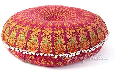 Eyes of India - Mandala Floor Pillow Cover Meditation Cushion Seating Throw Hippie Round Colorful Decorative Bohemian Indian Pouf Ottoman Handmade Cover ONLY (A1 Burgundy, 32" x 32")