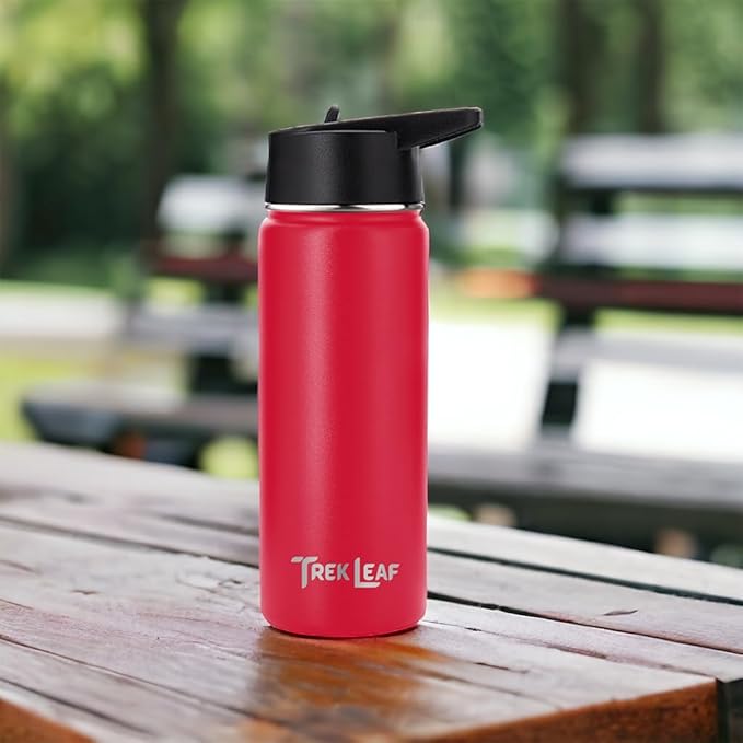 Travel Water Bottle with 3 Lids (Spout, Straw, Flip) Leak Proof, Quality, Vacuum Insulated, Stainless Steel (Red, 18 oz)