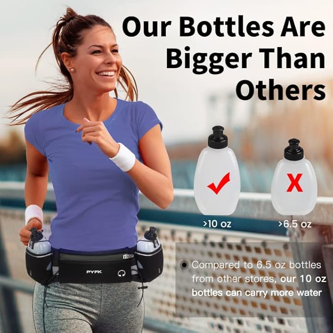 PYFK Running Belt with Water Bottles, Hydration Belt for Men and Women, Water Bottle Holder Running Pouch Water Belt, Fanny Pack Fits 7 inches Phones, Waist pack for Runner Jogging