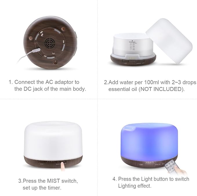 Wild Essentials 700ml Designer Large Room Essential Oil Diffuser, 5 in 1 Ultrasonic Aromatherapy Vaporizer Cool Mist Humidifier, Home, Office, Bedroom, Timer, Auto-Off, 7 Color LED (Wood and White)