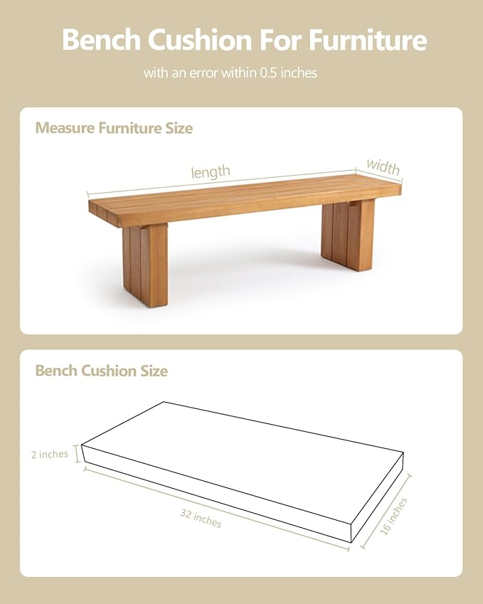 32x16x2 Outdoor Bench Cushion, Strengthen Waterproof Seat Cushions, High-Density Bench Pad with Anti-Slip Bottom, Outdoor Cushion for Patio Garden Swing Furniture - Beige