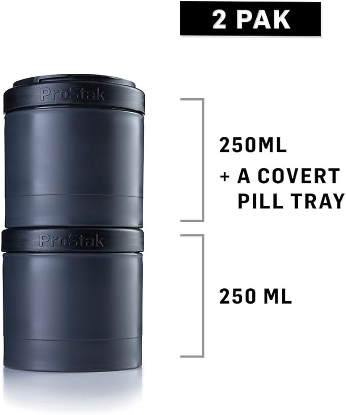 BlenderBottle Shaker Bottle with Pill Organizer and Storage for Protein Powder, ProStak System, 22 Ounce, Midnight Black & ProStak Twist n' Lock Storage Jars Expansion 2-Pak with Pill Tray, All Black