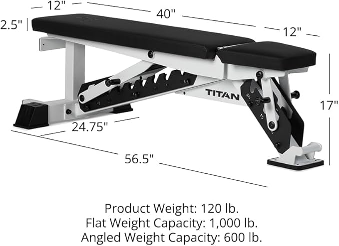 Titan Fitness TITAN Series Adjustable Bench, Supports 600 LB Incline, 1,000 LB Flat, Versatile Single Post Utility Workout Bench for Home Gym, Weightlifting, Strength Training