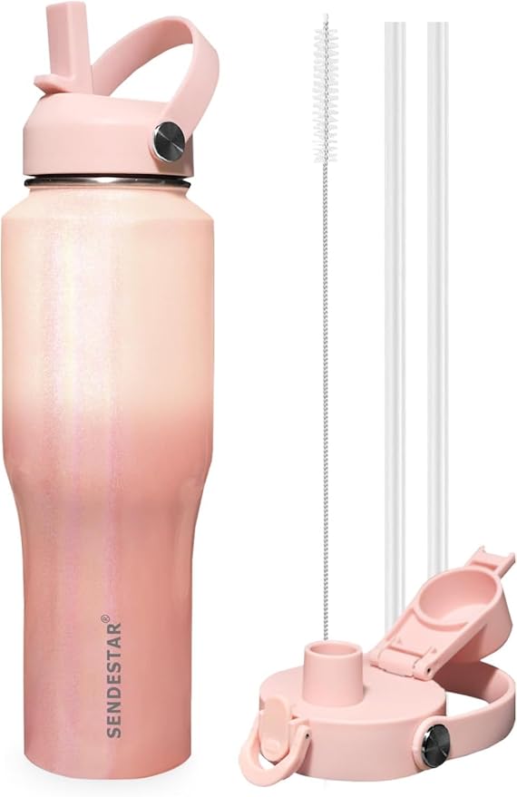 SENDESTAR 32oz Water Bottle Wide Mouth Stainless Steel Vacuum Insulated Double Wall with 2 Straw Lids Fit in Any Car Cup Holder