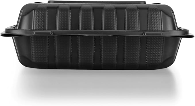 KARAT EARTH Clamshell Take Out Food Containers [8"x8" - 200 ct] To Go Containers | 3 Compartment, Soak-Resistant, Durable, Stackable | Vented for Hot/Cold Foods, Black