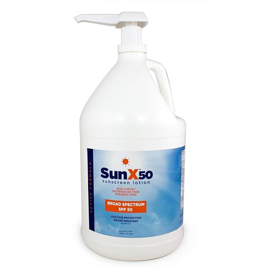 CoreTex Sun X 50 SPF Broad Spectrum Sunscreen Lotion - 1 Gallon Jug & Pump Bottle of Paraben, Oxybenzone, Octinoxate, & Oil Free Sunscreen - No White Cast and Water & Sweat Resistant Up to 80 Minutes
