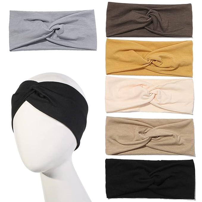 6 Pack Wide Boho Headbands for Women - Soft Yoga Elastic Hair Bands for Girls Workout Running Sport Headwrap Non-slip Breathable (Solid)