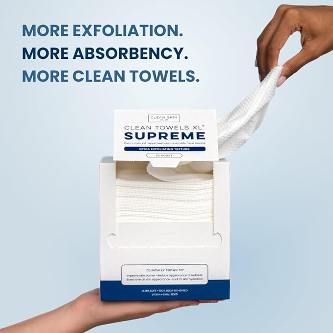 Clean Skin Club Clean Towels XL® Supreme, 100% USDA Biobased Face Towel, Disposable Face Towelette, Eczema Association Accepted, Makeup Remover Dry Wipes, Ultra Soft, 1 Pack, 50 Ct