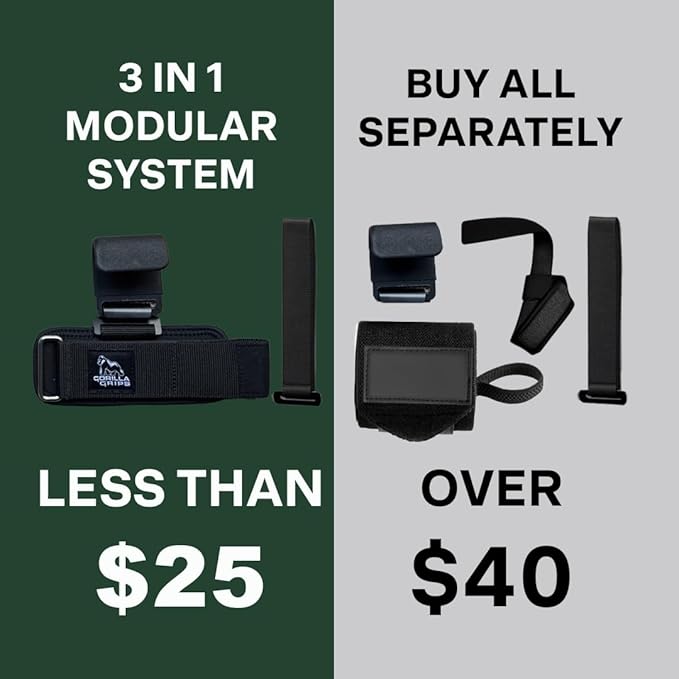 Gorilla Grips wrist wraps for weightlifting men with weight lifting hooks, wrist straps for men and women combining deadlift straps, pull up grips and modular attachments.